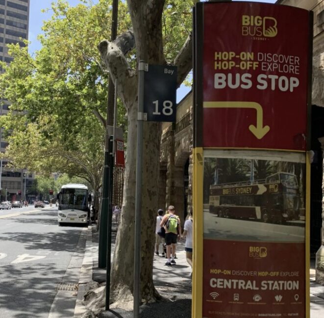 Sydney Big Bus Tour sign at the Central Station bus stop