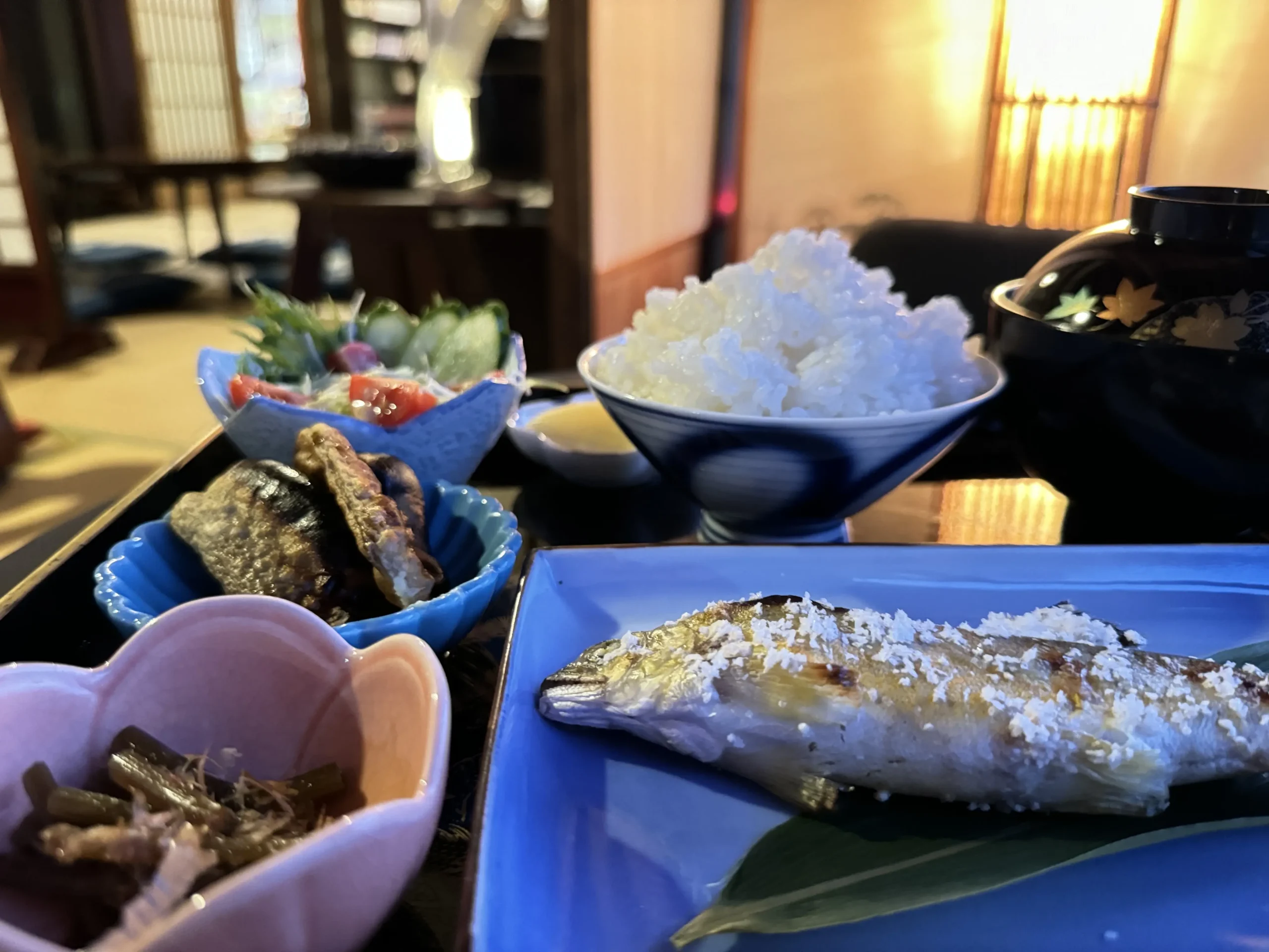 Grilled sweetfish (ayu) set meal, a popular dish at Kominka Café Amane in Shuzenji Onsen