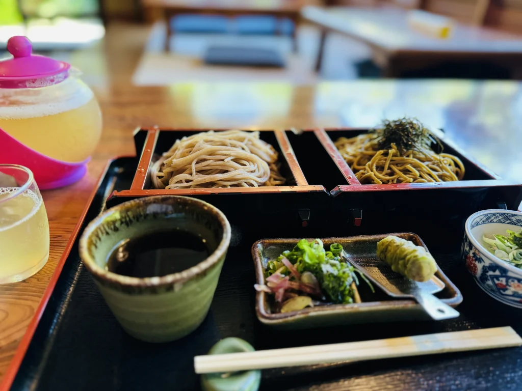 Chilled zaru soba (buckwheat noodles) served at Genji Kamameshi Matsuba Chaya
