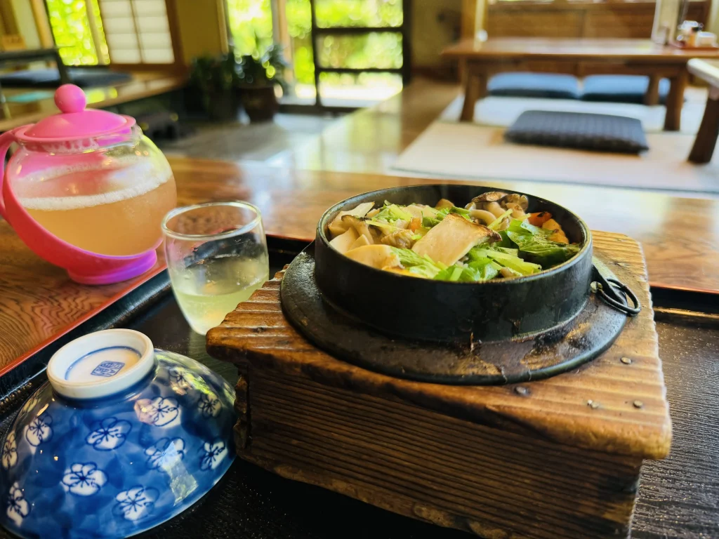 Mountain vegetable kamameshi (traditional iron pot rice dish) served at Genji Kamameshi Matsuba Chaya