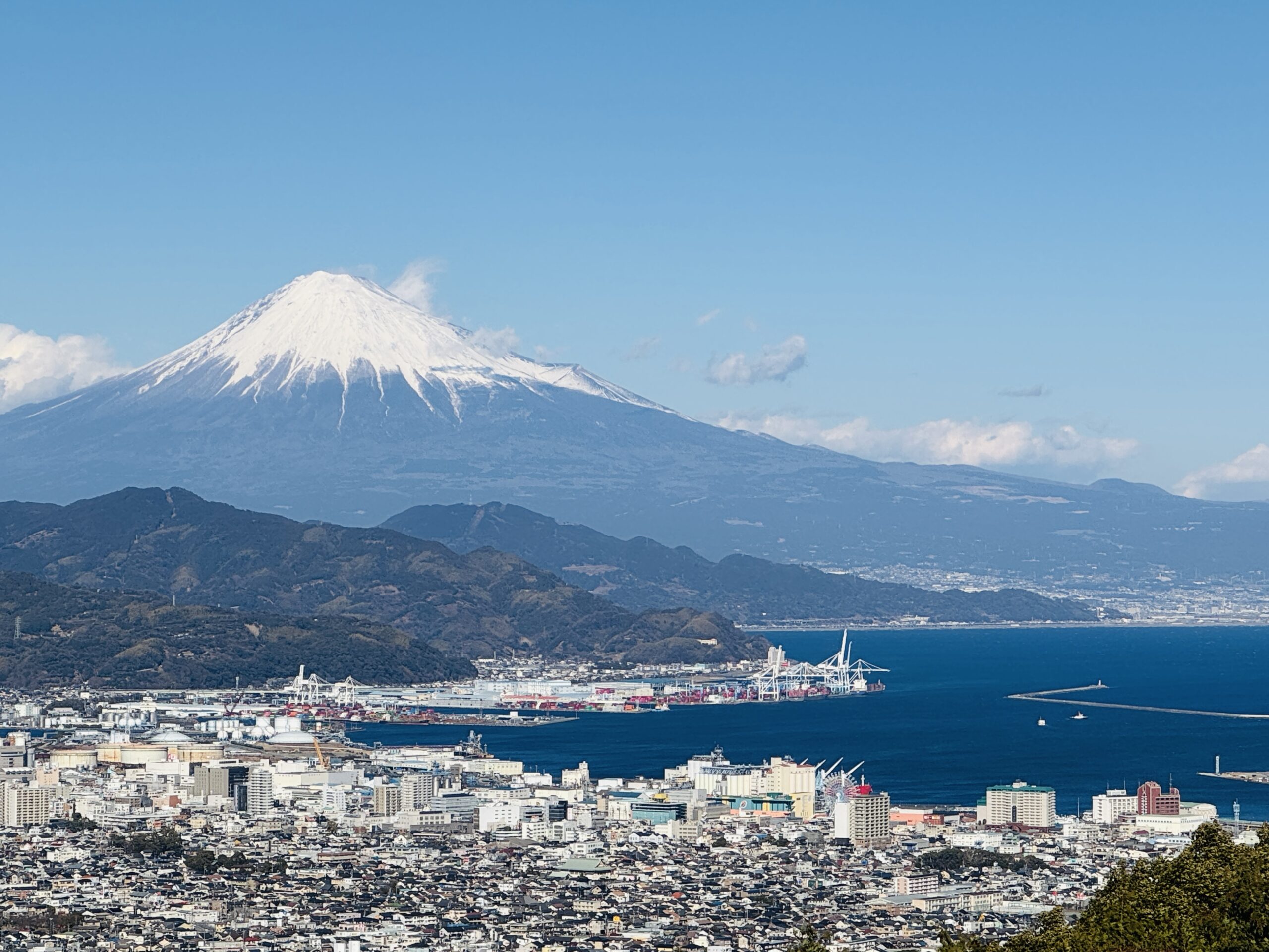 Mt. Fuji rising behind Shimizu Port and Suruga Bay in Shizuoka
