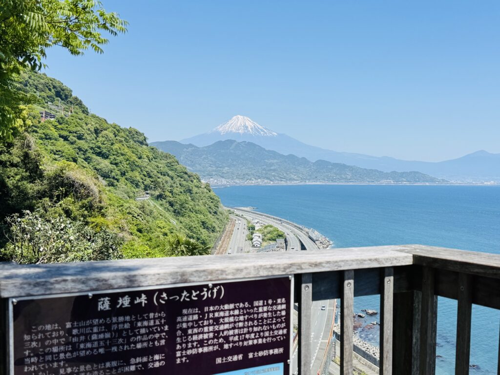 Satta Pass observation deck and Mt. Fuji with snow on the summit, photographed in April