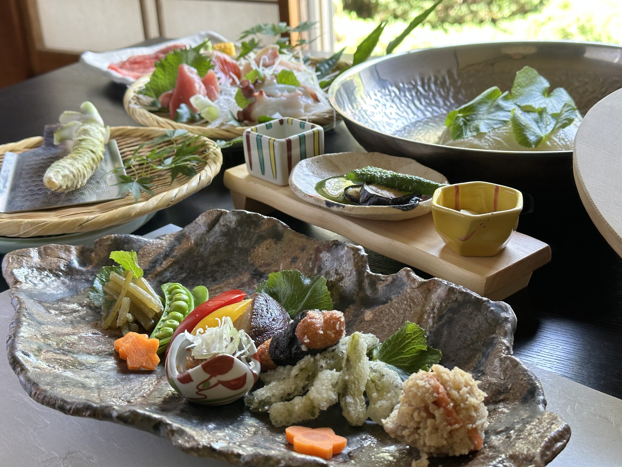 Example of a traditional Japanese meal served at Ohnogiso Ryokan in Umegashima Onsen, Shizuoka
