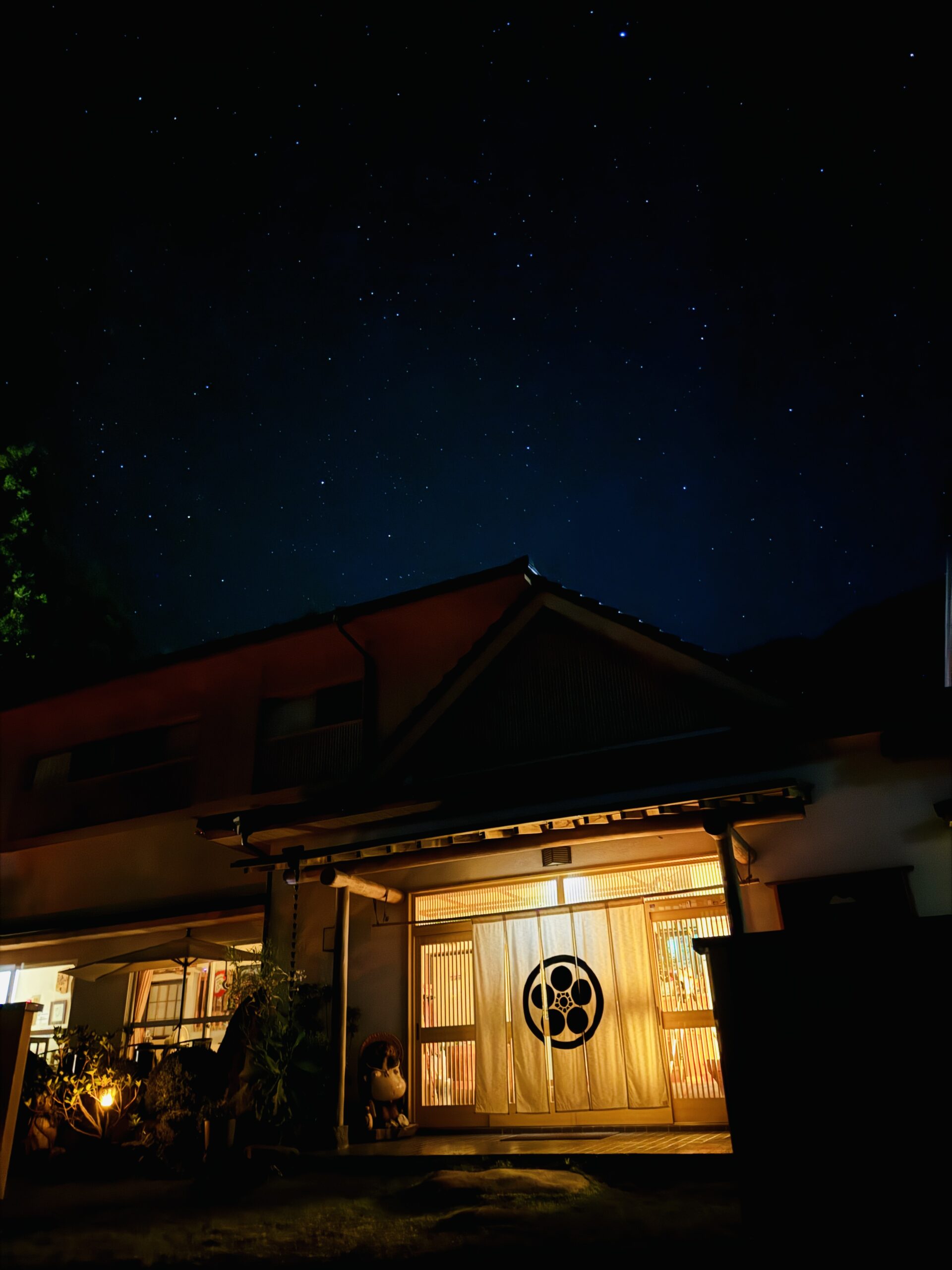 Starry night sky as seen from the entrance of Ohnogiso Ryokan in Umegashima