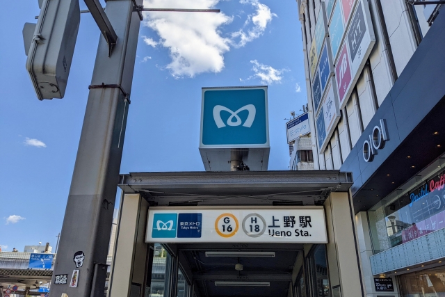 Sign for Tokyo Metro Ueno Station near the street-level entrance.