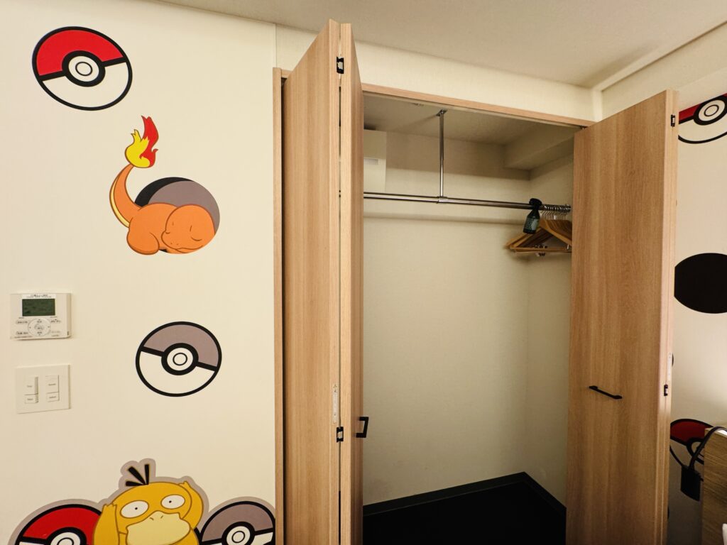 Walk-in closet inside the Pokémon Room at MIMARU TOKYO UENO EAST, offering ample storage space.