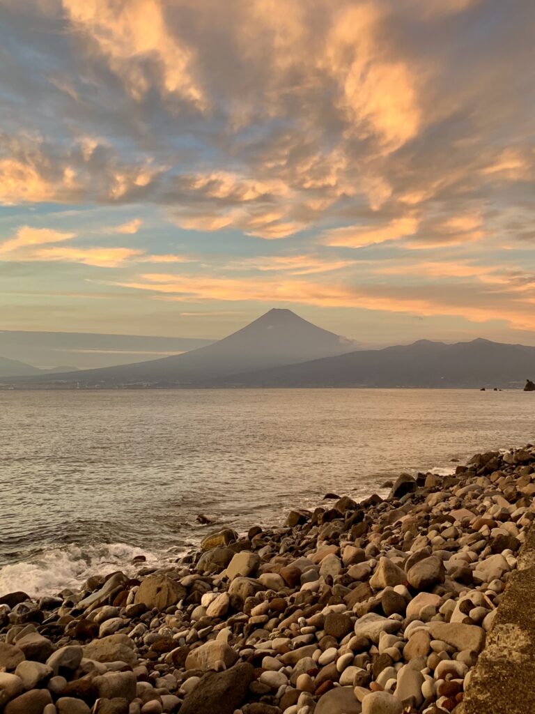 Mount Fuji view from Ida Beach in Numazu at sunset