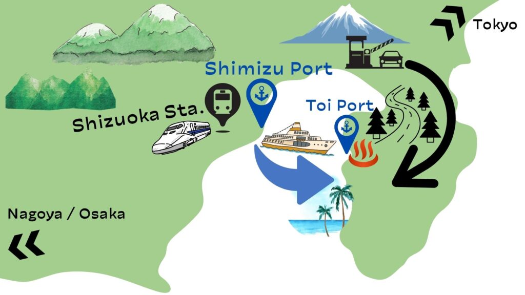 Location and Access Map of Toi Onsen – showing ferry routes, key landmarks, and surrounding areas in western Izu.