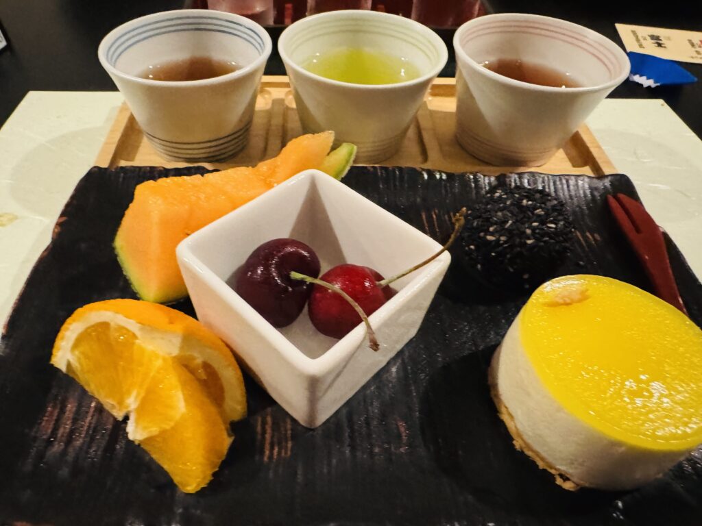 Beautifully plated dessert served as the final course of the Suruga Kaiseki dinner at Kyukamura Fuji.