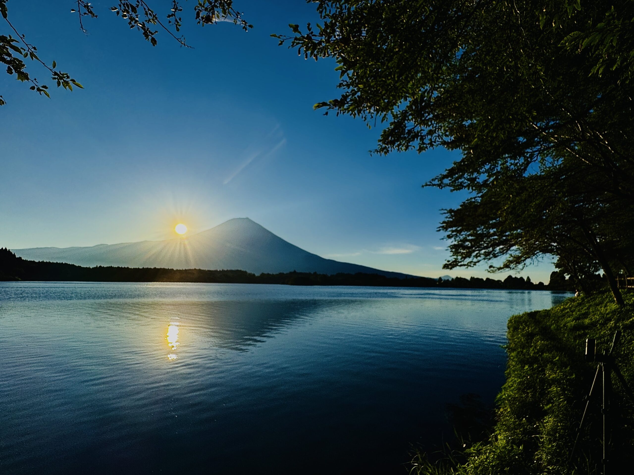 Mt. Fuji reflected on Lake Tanuki in Fujinomiya during early morning when reflections are most visible
