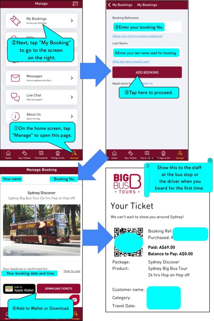 Big Bus Sydney app screen showing how to download the e-voucher