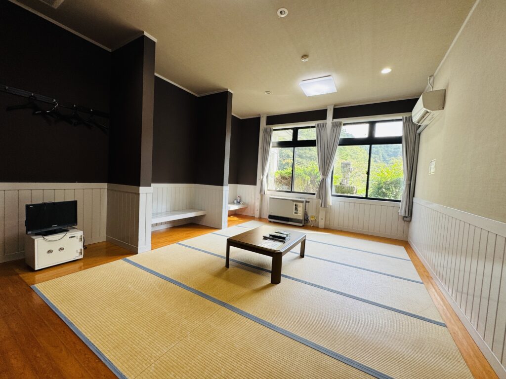 Guest room at Yamabiko-so Inn in Nishi-Izu, formerly “Class 1-1” of the old school