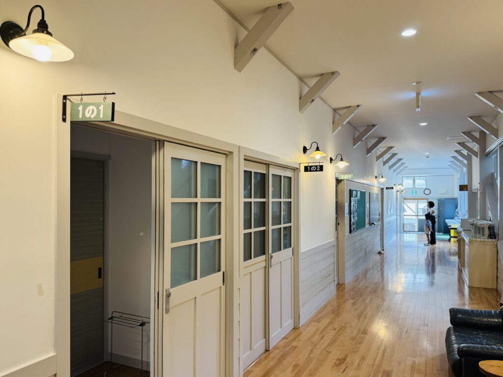 Hallway on the first floor of Yamabiko-so Inn, a former school in Nishi-Izu