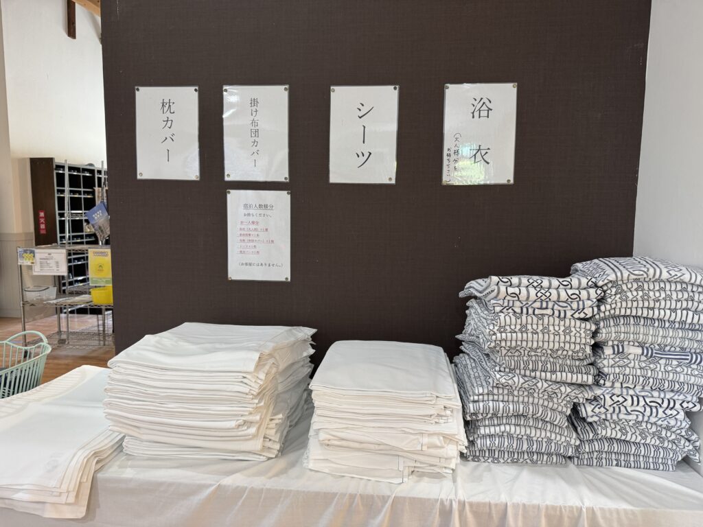 At the front desk of Yamabiko-so Inn in Nishi-Izu, picking up sheets, futon covers, pillowcases, and yukata robes