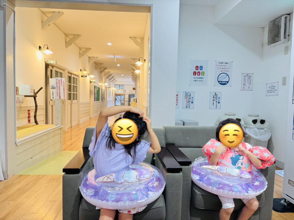 Lobby area on the first floor of Yamabiko-so Inn in Nishi-Izu, heading to the pool with my daughters