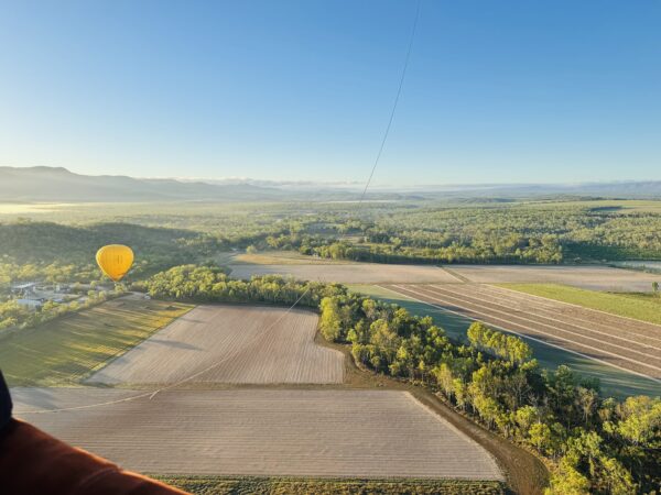 View from a low-flying hot air balloon over Mareeba’s grasslands near Cairns, with kangaroos hopping across the fields below.