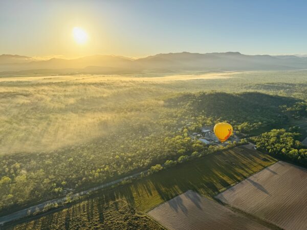 Sunrise view from a hot air balloon over the Mareeba Tablelands near Cairns, with golden light illuminating the vast landscape below.