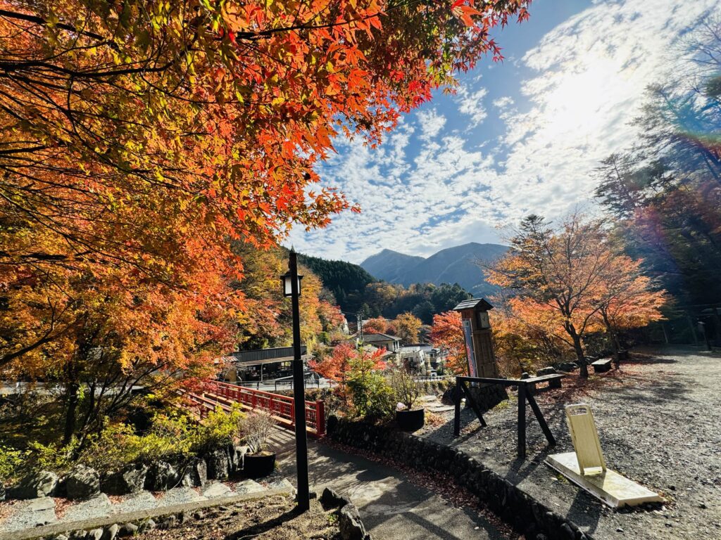 Autumn foliage in November at Umegashima Onsen, a hidden hot spring village in the mountains of Shizuoka
