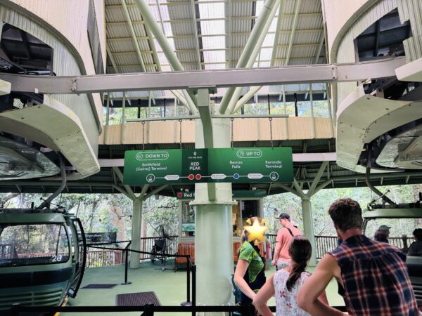 The transfer area at Skyrail’s Red Peak Station, where passengers disembark for the rainforest boardwalk and board the next gondola.