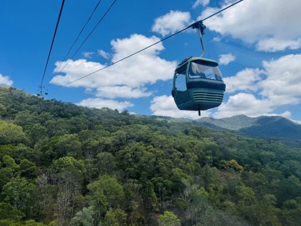 Skyrail gondola gliding above the world’s oldest rainforest—a popular aerial experience in Cairns.