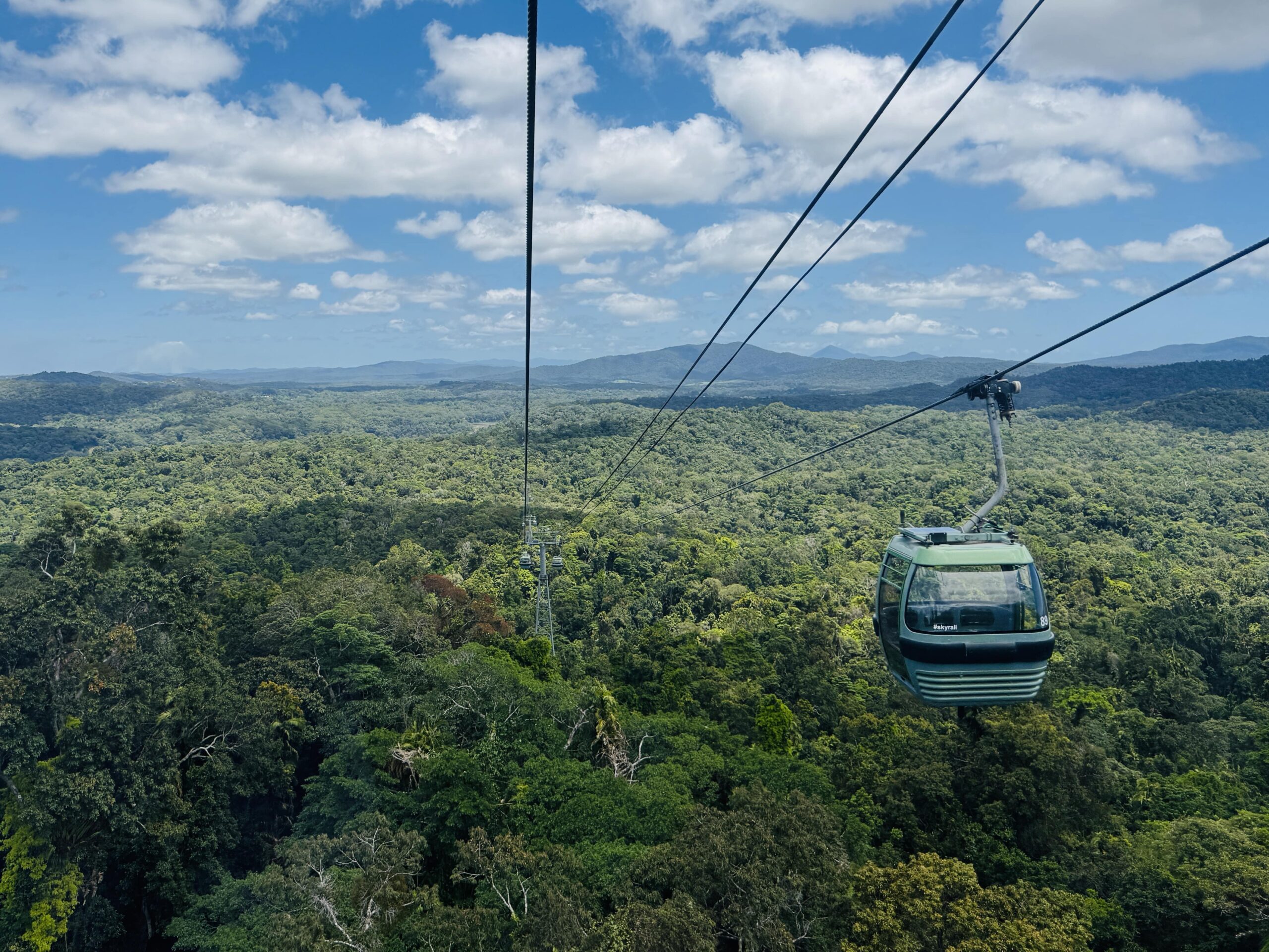 Skyrail gondola gliding above the world’s oldest tropical rainforest near Cairns, offering sweeping aerial views of the treetops.