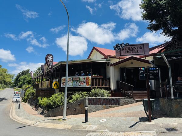 The exterior of Kuranda Hotel, a classic restaurant and bar located near the village entrance and close to the station.