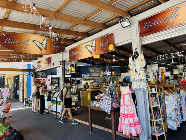 Exterior of the Butterfly Shop in Kuranda Village, a stylish and easy-to-spot gift store for visitors.