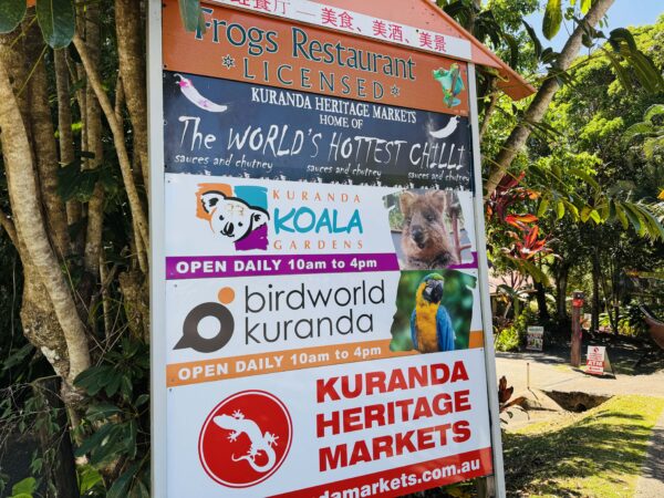 The entrance sign of Kuranda Koala Gardens—an easy-to-spot landmark for this popular wildlife attraction.