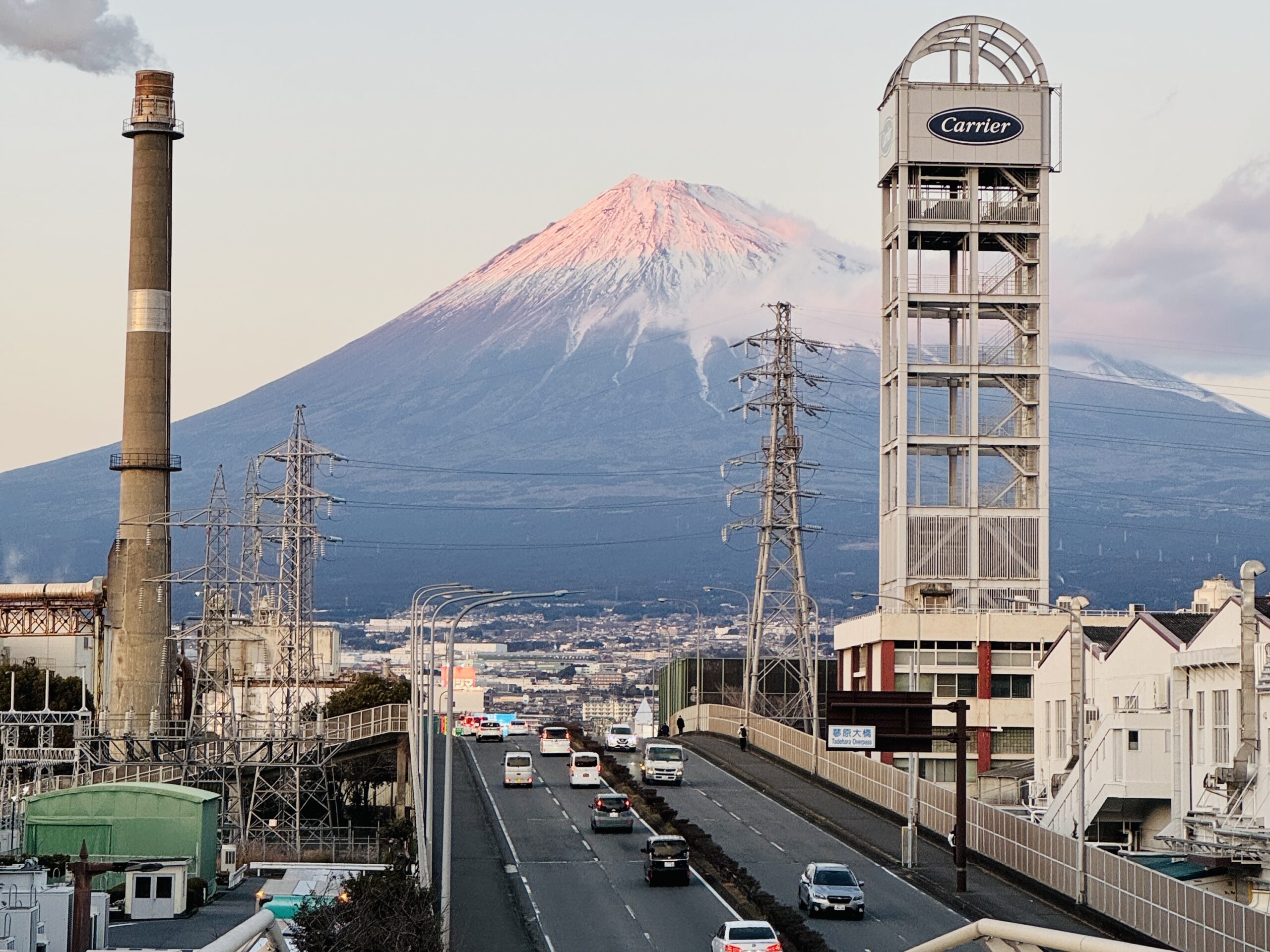 Mt. Fuji view from a pedestrian overpass along the main street north of Shin-Fuji Station in Fuji City