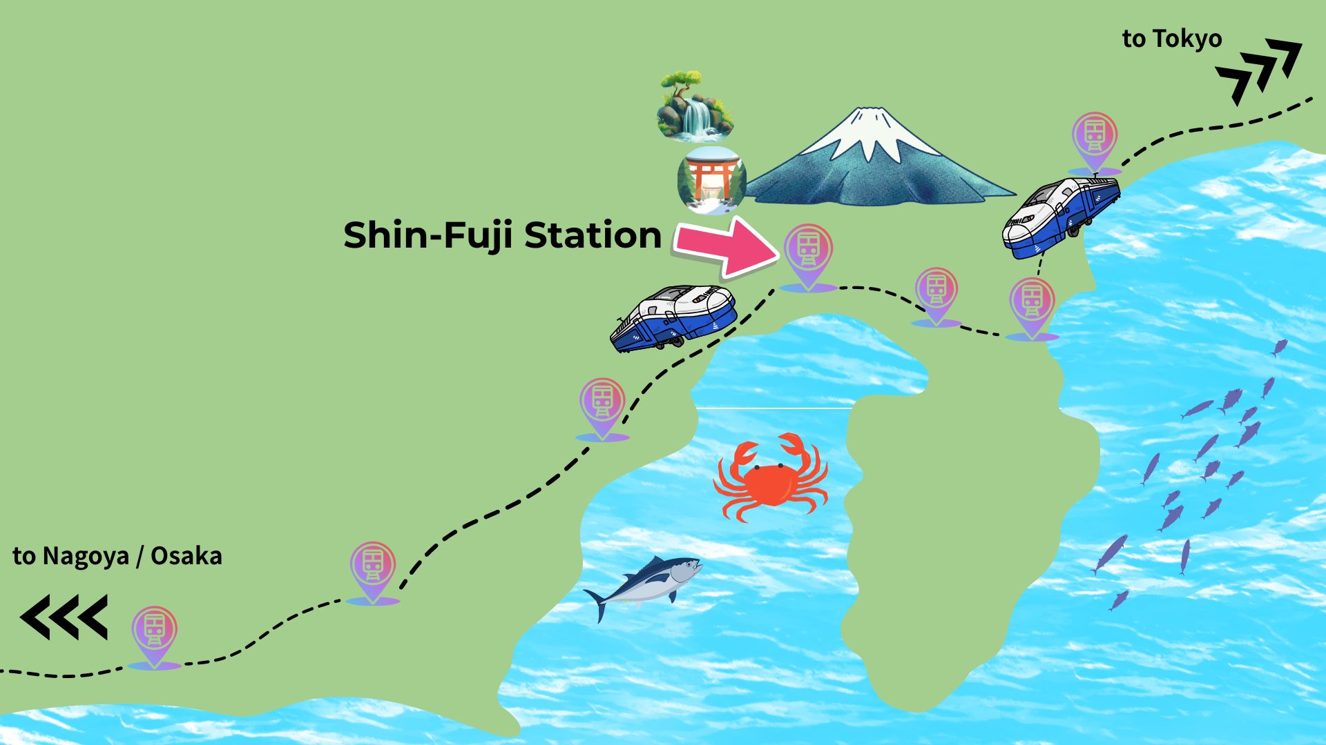 Shinkansen route map showing Shin-Fuji Station in Fuji City, Shizuoka