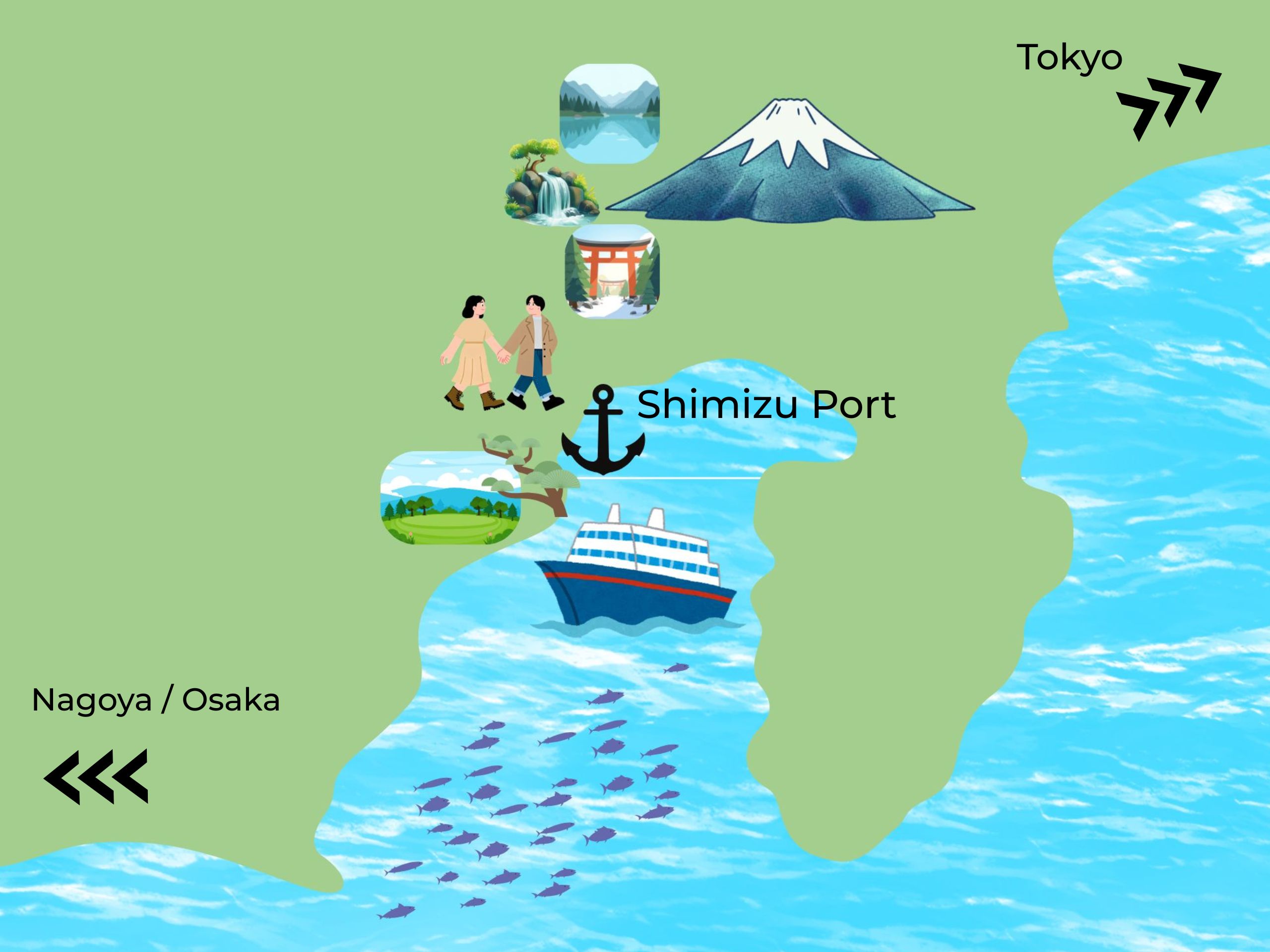Map showing attractions around Shimizu Port in Shizuoka, Japan